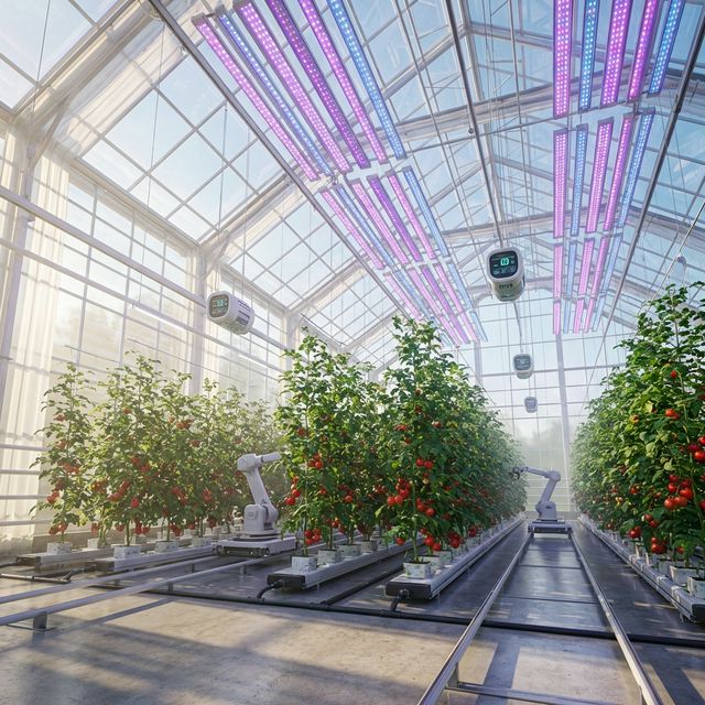 AI 기후 제어 센서가 토마토 줄을 감시하는 모습