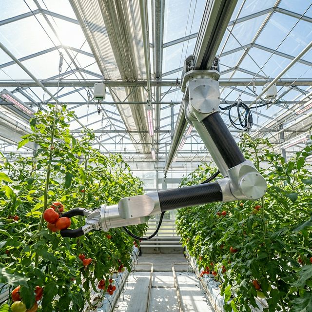 토마토 수확 로봇이 온실에서 작업하는 모습