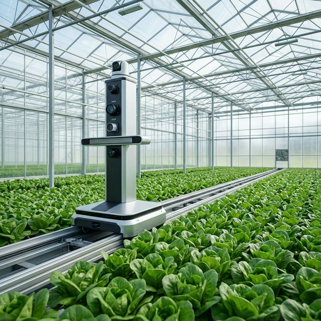 컴퓨터 비전 타워가 온실 캐노피를 스캔하는 모습