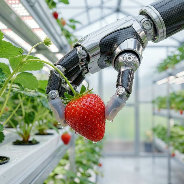 최첨단 온실에서 딸기를 부드럽게 수확하는 로봇 팔