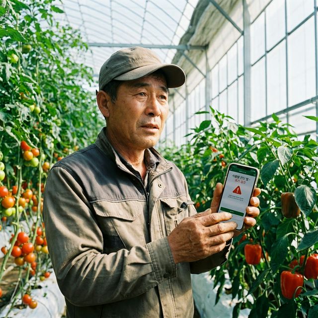 AI 병해충 진단 앱을 사용하는 농부