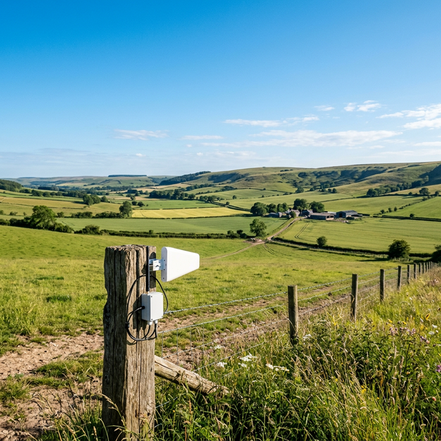 평화로운 농장 전경과 무선 연결 인프라