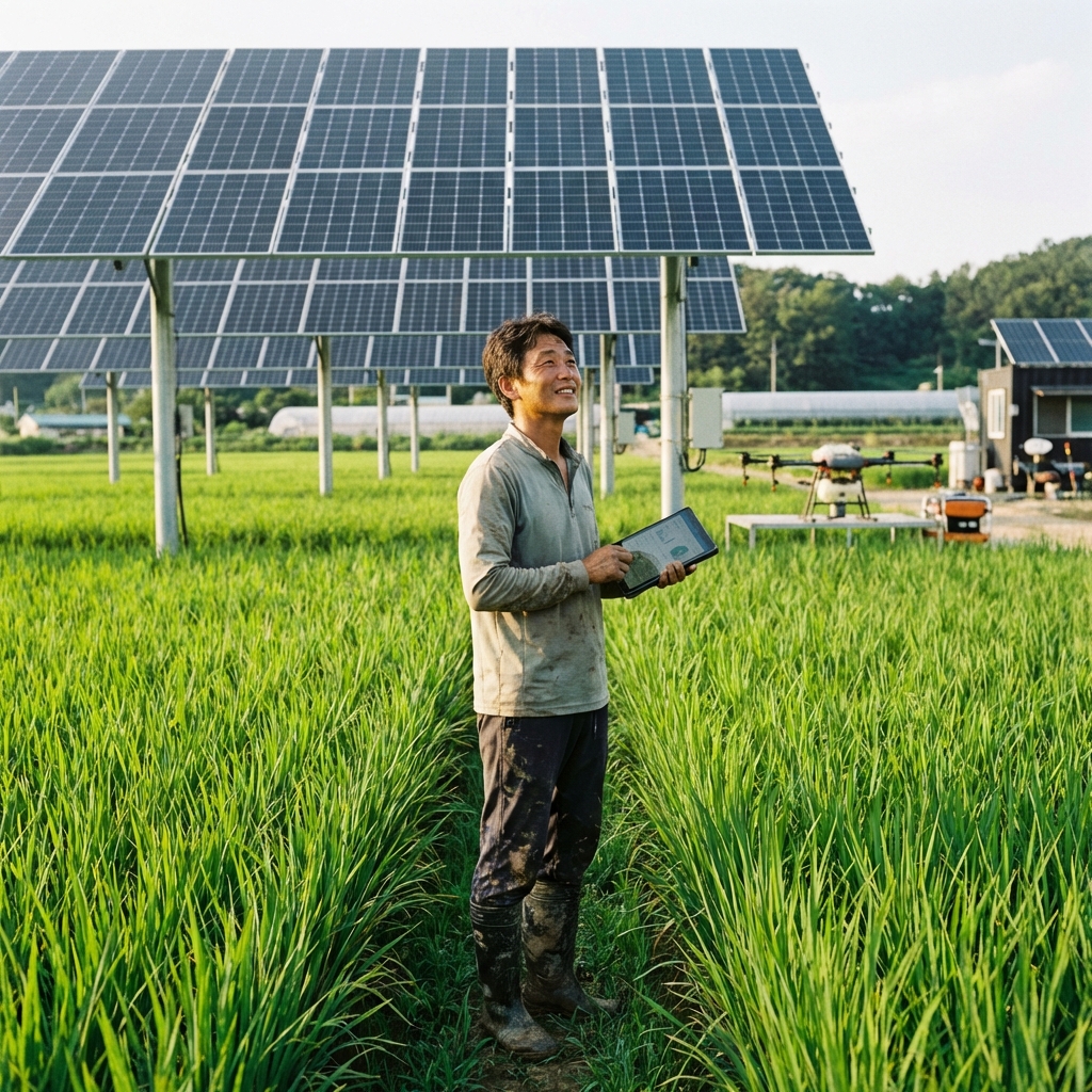 현대적인 청년 농부와 태양광 시스템